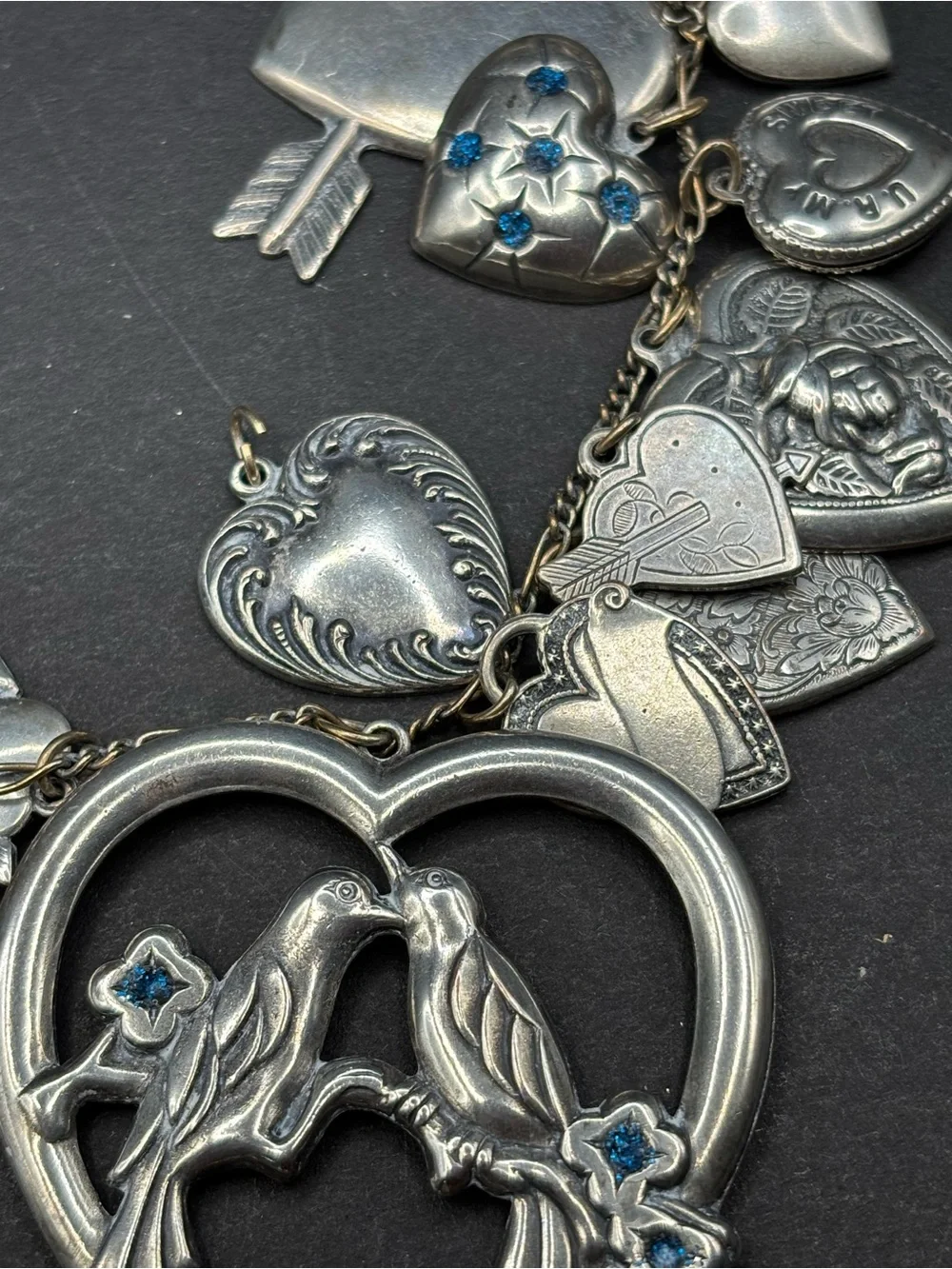 Vintage Pididdly Links Silver Heart Charm Locket Statement Necklace 24”